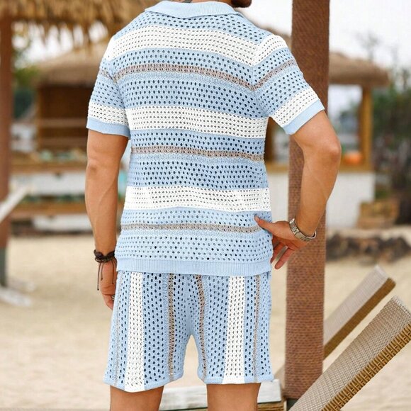 Teal Blue Casual Men's Short Sleeve Crochet Polo Top And Knitted Shorts Set - Picture 2 of 5